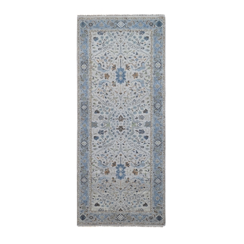 Light Gray, Hand Knotted Oushak with All Over Design, Pure Wool, Dense Weave, Wide Runner Oriental 