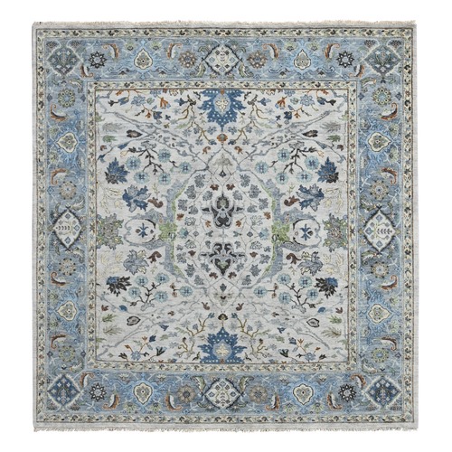 Light Gray, Hand Knotted Oushak with All Over Design, Dense Weave, Pure Wool, Square Oriental Rug