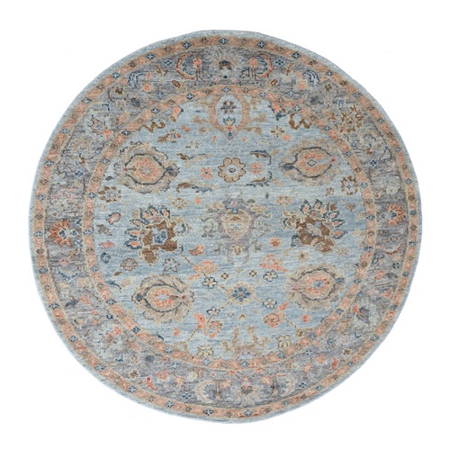 Blue and Grey, Pure Wool, Supple Collection Oushak Design, Hand Knotted, Soft Pile Round Oriental Rug