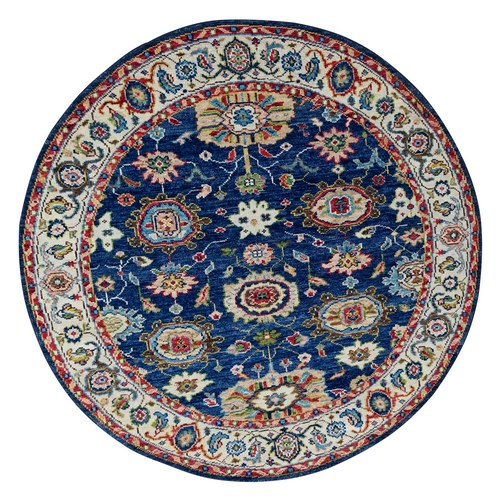 Denim Blue, Soft Wool, Intrigued Oushak Design, Plush and Lush, Hand Knotted, Supple Collection, Round Oriental Rug 