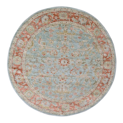 Sage Green, Hand Knotted, Supple Collection Lush and Plush, Oushak Design, Pure Wool, Round Oriental Rug