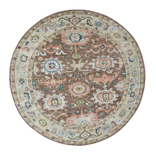 Camel Brown, Hand Knotted, Oushak Design, Supple Collection Thick and Plush, Pure Wool, Round Oriental Rug