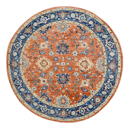 Rust Orange and Blue, All over Mahal Design, Supple Collection, Organic Wool, Hand Knotted, Round Oriental Rug