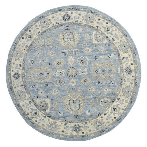 Silver Blue, Hand Knotted, Supple Collection, Oushak Design, Organic Wool, Thick and Plush,  Round Oriental Rug 