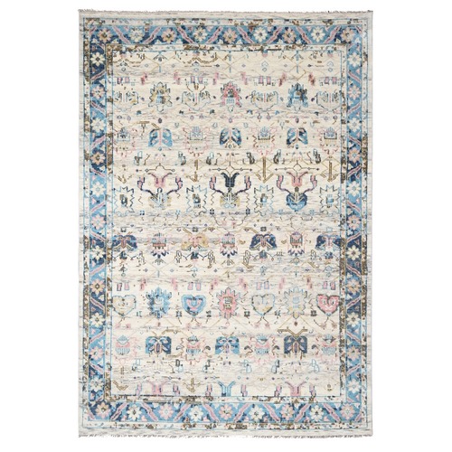 Ivory with Blue, Supple Collection, 100% Wool, Oushak Inspired Mahal Design, Hand Knotted, , Soft Pile, Transitional Natural Dyes, Oriental Rug