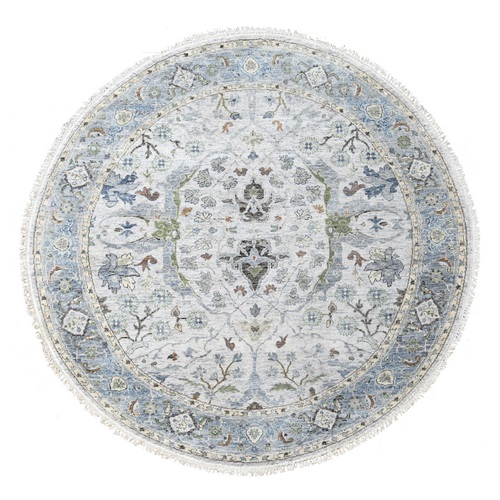 Light Gray, Hand Knotted, Natural Dyes, Oushak with Floral Motifs, Denser Weave, Pure Wool, Round, Oriental Rug