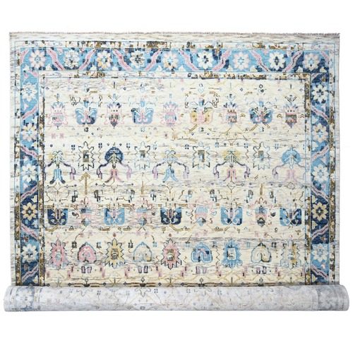 Ivory and Blue, Transitional Natural Dyes,  Oushak Inspired Supple Collection, Natural Wool, Mahal Design, Hand Knotted, Soft Pile, Oversize Oriental Rug