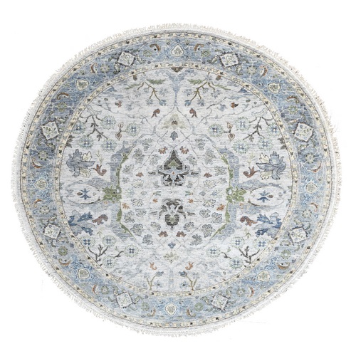 Light Gray, Denser Weave, Oushak with Floral Motifs, 100% Wool, Hand Knotted, Round Oriental Rug