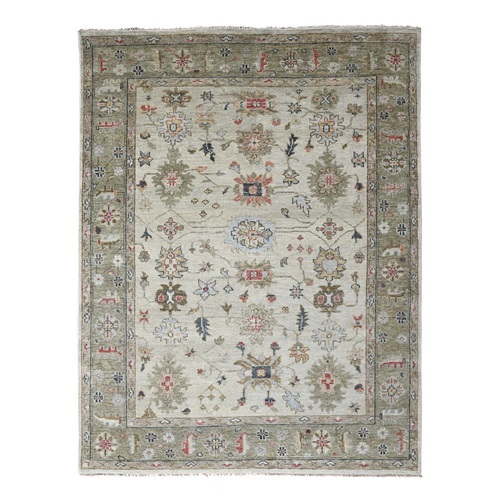 Camel and Sage Green, All Wool, Soft and Vibrant pile, Hand Knotted, Oushak Inspired, Plush and Lush, Oriental Rug