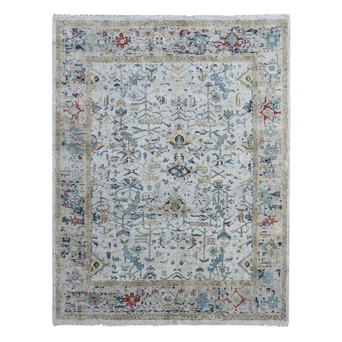 Silver Gray, Broken and Erased Persian Heriz All over Design with Soft Color Pallet, Dense Weave, Pure Wool, Hand Knotted, Oriental Rug