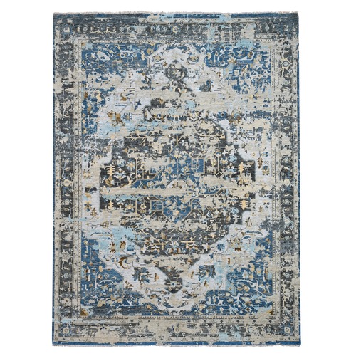 Denim Blue, Broken and Erased Persian Geometric Medallions Design with Soft Color Palettes, Densely Woven, Pure Wool, Hand Knotted, Oriental Rug