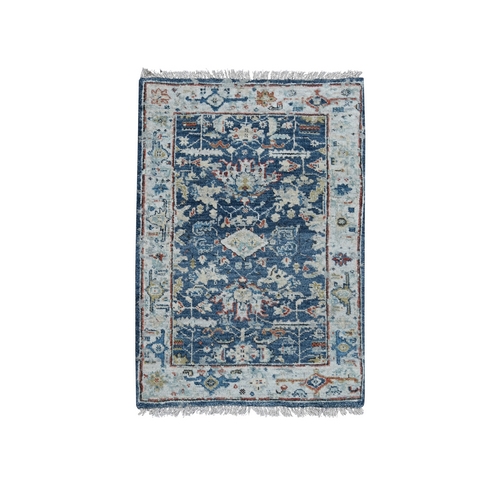 Denim Blue, Broken and Erased Persian Heriz All Over Design with Soft Color Pallet, Hand Knotted, Dense Weave, Pure Wool, Mat Oriental Rug