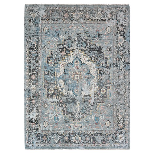 Silver Gray, Broken and Erased Persian Geometric Medallions Design with Soft Color palettes, Densley Woven, Pure Wool, Hand Knotted Oriental 