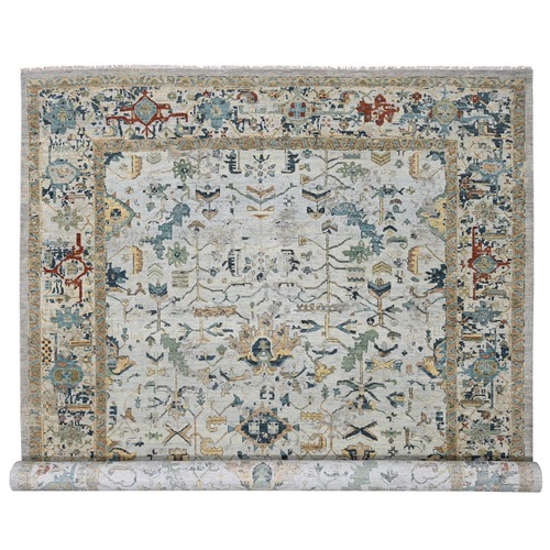 Silver Gray, Broken and Erased Persian Heriz All Over Design with Soft Color Pallet, Denser Weave, Extra Soft Wool, Hand Knotted, Oriental Rug