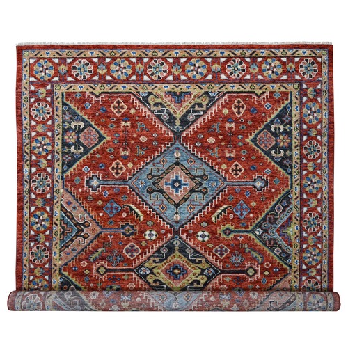 Rust Red, Supple Collection Natural Wool, Hand Knotted Shiraz Design with Serrated Medallions, Oriental Rug