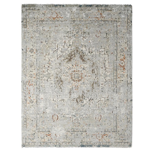 Light Gray, Broken and Erased Persian Geometric Medallion Design with Soft Color Palette, Pure Wool, Hand Knotted, Oriental Rug