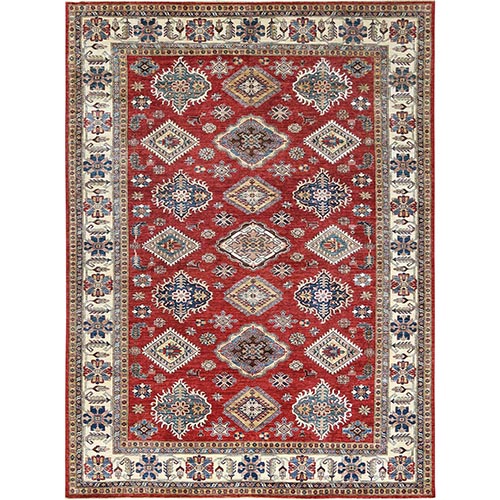 Crimson Red, Afghan Super Kazak with Geometric Medallions Design Natural Dyes, Densely Woven, Pure Wool, Hand Knotted Oriental Rug