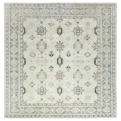 Cloud Gray, Afghan Super Kazak with Geometric Medallions Design, Natural Dyes, Dense Weave, Pure Wool, Hand Knotted, Square Oriental Rug

