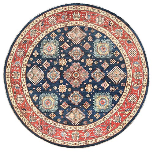 Yale Blue, Special Kazak with Geometric Medallions Design, Natural Dyes, Organic Wool, Hand Knotted, Round Oriental Rug