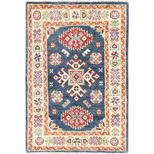 Yale Blue, Special Kazak with Geometric Pattern, Natural Dyes, Pure Wool, Hand Knotted, Mat Oriental Rug