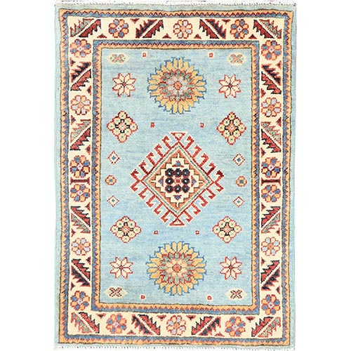 Beau Blue, Special Kazak with Large Medallion, Natural Dyes, Soft Wool, Hand Knotted, Mat Oriental Rug