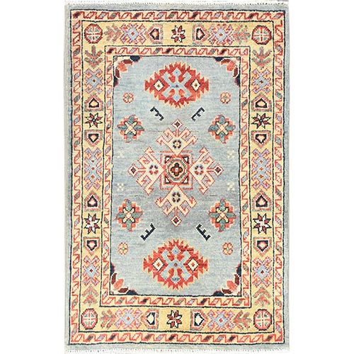 Marian Blue, Special Kazak with Geometric Design, Natural Dyes, Extra Soft Wool, Hand Knotted, Mat Oriental Rug