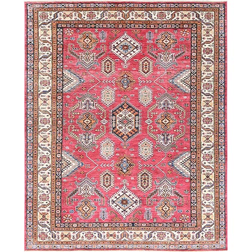 Rose Red, Afghan Super Kazak with Geometric Medallions Design Natural Dyes, Densely Woven, 100% Wool, Hand Knotted Oriental Rug