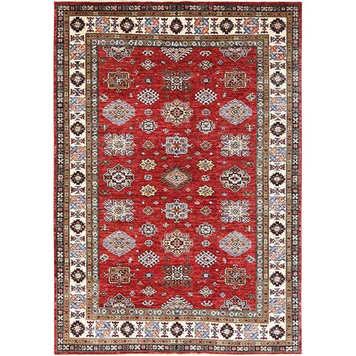 Scarlet Red, Afghan Super Kazak with Geometric Medallions Design, Natural Dyes, Dense Weave, Pure Wool, Hand Knotted Oriental Rug