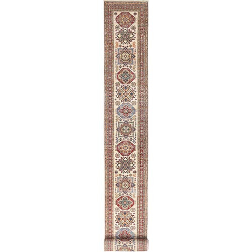 Ivory, Afghan Super Kazak with Geometric Medallion Design, Natural Dyes, Soft Wool Hand Knotted XL Runner Oriental Rug