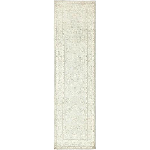 Ivory, Hand Knotted, Afghan Stone Washed Peshawar, Soft Wool, Runner Oriental Rug