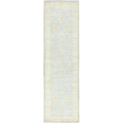 Alice Blue, Extra Soft Wool, Hand Knotted, Afghan Stone Washed Peshawar, Runner Oriental Rug