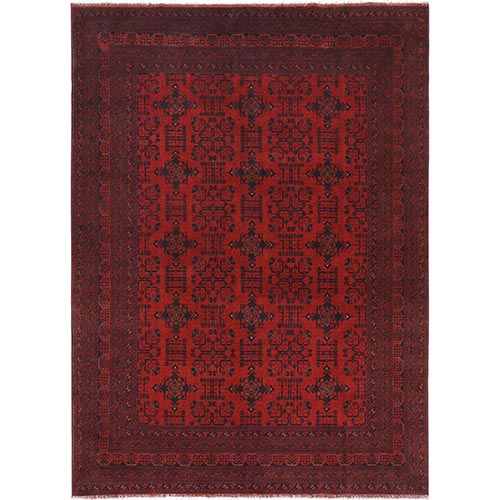 Cherry Red, Afghan Andkhoy with Village Design, 100% Wool, Hand Knotted Oriental 