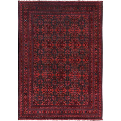 Crimson Red, Afghan Andkhoy with Village Design, Natural Wool, Hand Knotted Oriental 