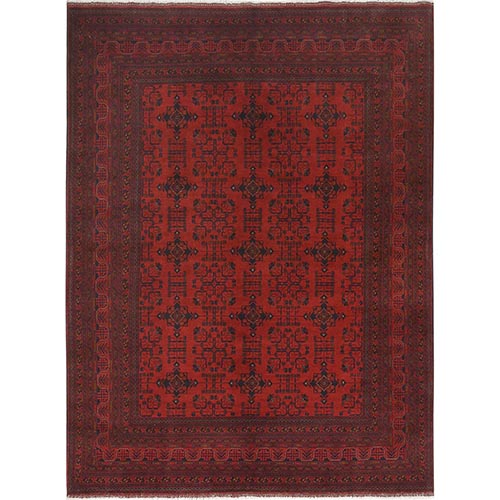 Scarlet Red, Afghan Andkhoy with Geometric Pattern, 100% Wool, Hand Knotted Oriental 