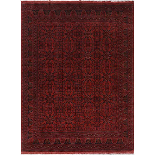 Lipstick Red, Afghan Andkhoy with Geometric Pattern, Natural Wool, Hand Knotted Oriental 