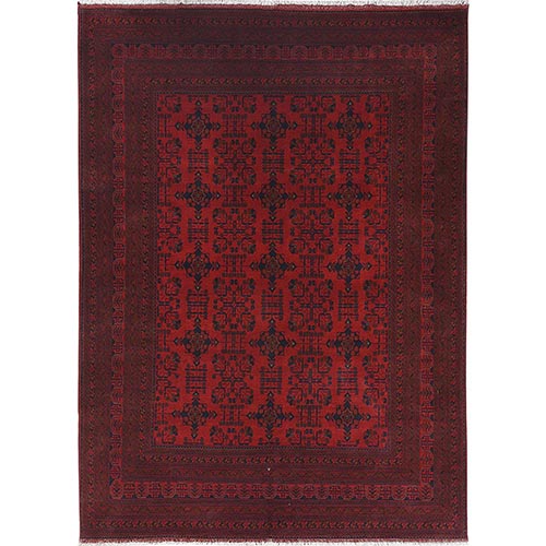 Crimson Red, Afghan Andkhoy with Village Design, 100% Wool, Hand Knotted Oriental 