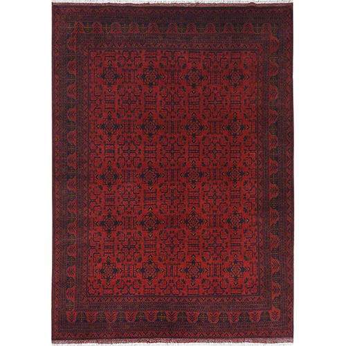 Madder Red, Afghan Andkhoy with Tribal Village Design, Matt Wool Hand Knotted, Oriental Rug