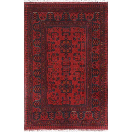 Barn Red, Hand Knotted Afghan Andkhoy with Tribal Design, Extra Soft Wool, Oriental Rug