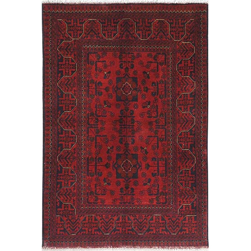 Cherry Red, Natural Wool Hand Knotted, Afghan Andkhoy with Tribal Design, Oriental Rug