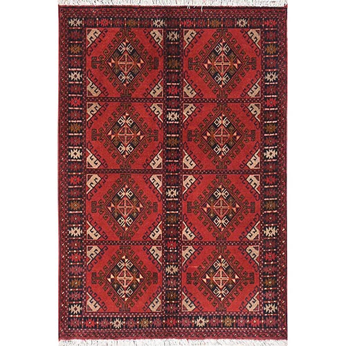 Madder Red, Afghan Andkhoy with Geometric Design, Matt Wool Hand Knotted, Oriental Rug