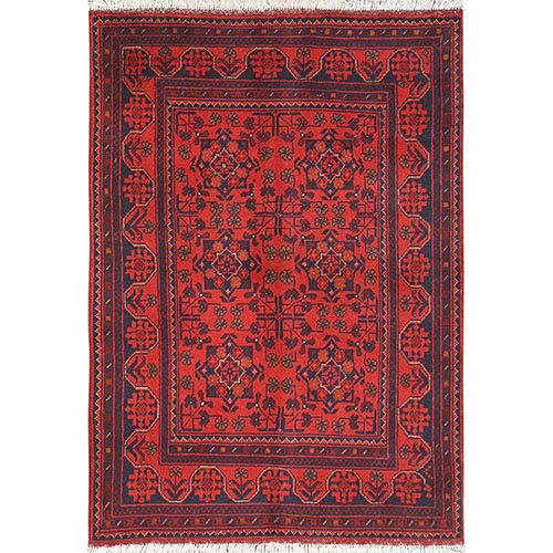 Cherry Red, Afghan Andkhoy with Geometric Motif, Pure Wool, Hand Knotted Oriental 