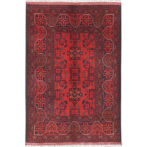 Ruby Red, Afghan Andkhoy with Tribal Design, Soft Wool, Hand Knotted Oriental Rug