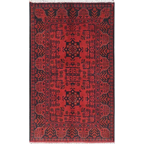 Lipstick Red, Afghan Andkhoy with Village Design, Extra Soft Wool, Hand Knotted Oriental Rug