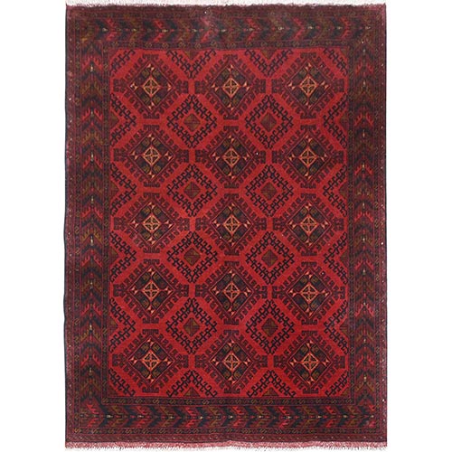 Candy Red, Afghan Andkhoy with Geometric Motif, Natural Wool, Hand Knotted Oriental 