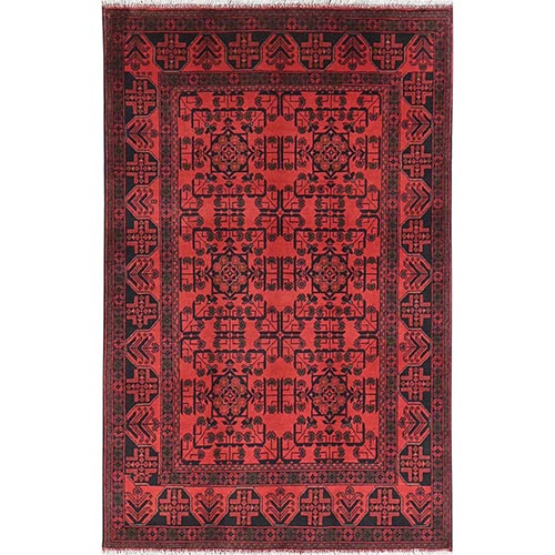 Rose Red, Afghan Andkhoy with Village Design, Organic Wool, Hand Knotted Oriental 
