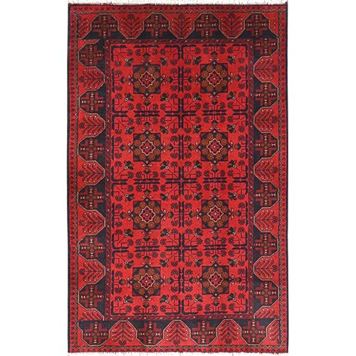 Candy Red, Afghan Andkhoy with Elephant Feet Design, Pure Wool, Hand Knotted Oriental 