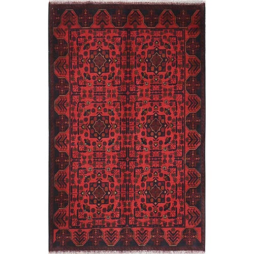 Candy Red, Afghan Andkhoy with Geometric Motif, Extra Soft Wool, Hand Knotted Oriental Rug