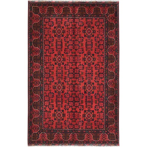 Madder Red, Afghan Andkhoy with Village Design, Natural Wool, Hand Knotted Oriental Rug