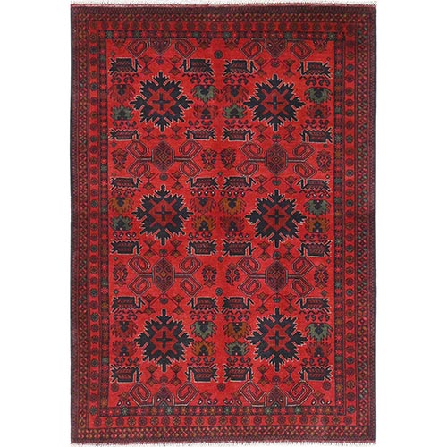 Candy Red, Afghan Andkhoy with Geometric Motif, Organic Wool, Hand Knotted Oriental Rug