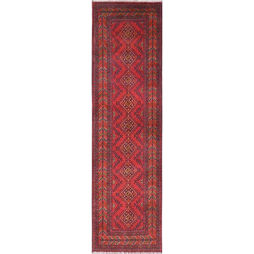 Imperial Red, Afghan Andkhoy with Geometric Patterns, 100% Wool, Hand Knotted, Runner Oriental 